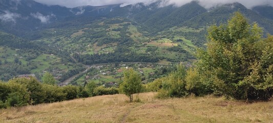 Beautiful landscape overlooking the Carpathian mountains in summer with green grass, trees and sky