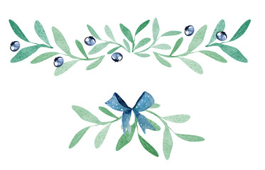 Vegetable twigs with blue berries frame border watercolor. Template for decorating designs and illustrations.