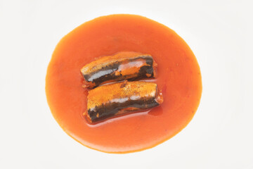 Sardine in tomato sauce on isolated white background.