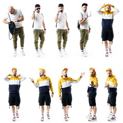 Obraz premium Set of nerdy style and urban trendy males searching, walking, checking time and greeting gestures. Full length people isolated on white background