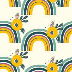 Trendy seamless pattern with colorful rainbow, flowers on color background. Design for invitation, poster, card, fabric, textile, fabric. Cute holiday illustration for baby. Scandinavian doodle style