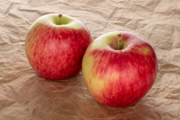 Two juicy apples, close-up, on craft paper.