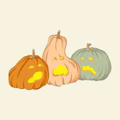 Singing Halloween pumpkins. Hand drawn vector illustration isolated on background.