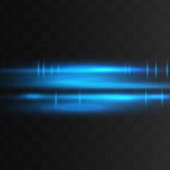 Blue horizontal lens flares pack. Laser beams, horizontal light rays.Beautiful light flares. Glowing streaks on dark background. Luminous abstract sparkling lined background.