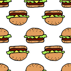 Vector pattern of a hamburger in a flat style. Burger with yellow melted cheese and green salad and a cutlet with a black outline and hand-drawn in the style of doodles on a white background for a fas