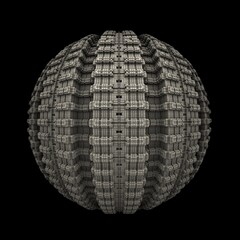 An isolated sphere with recursive 3D fractal structures and a dark background.