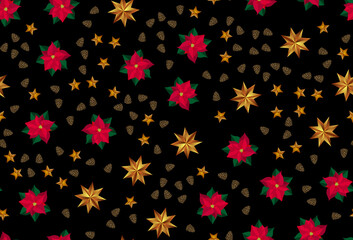 Holiday New Year and Merry Christmas Background with golden stars, cones and poinsettia flower. Vector Illustration