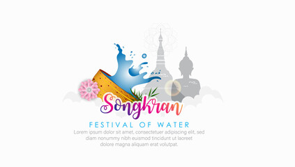 Songkran Thailand water splash festival banner. Thai landmarks as temple, buddha vector illustration.