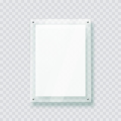 Acryl board frame hanging on the transparent wall. Isolated 3d plastic plate, realistic photo or poster mockup, acrylic banner with shadow. - obrazy, fototapety, plakaty