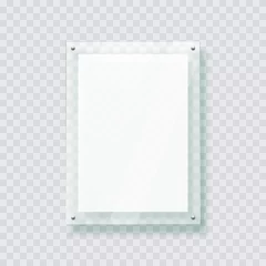 Fotobehang Acryl board frame hanging on the transparent wall. Isolated 3d plastic plate, realistic photo or poster mockup, acrylic banner with shadow. © viktoria_ngm