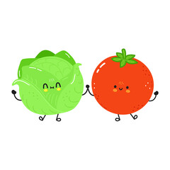 Cute happy cabbage and tomato. Vector hand drawn doodle style cartoon character illustration icon design. Сard whith cute happy cabbage and tomato. Friends concept