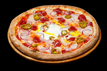 Top view pizza on table top, Flat lay of pizza on black background, Prepared pizza on table for serve
Freshly baked homemade pizza isolated on a black background. View from above