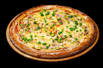 Top view pizza on table top, Flat lay of pizza on black background, Prepared pizza on table for serve
Freshly baked homemade pizza isolated on a black background. View from above