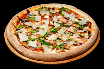 Top view pizza on table top, Flat lay of pizza on black background, Prepared pizza on table for serve
Freshly baked homemade pizza isolated on a black background. View from above