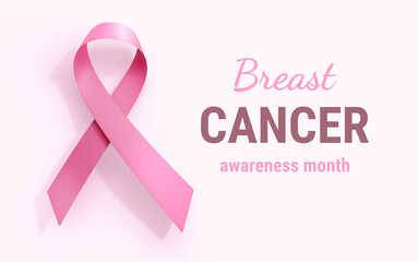 3d Illustration of Pink Realistic Ribbon with Loop and Shadow. Beautiful Symbol of Breast Cancer Awareness Month Campaign with Text on Light Background