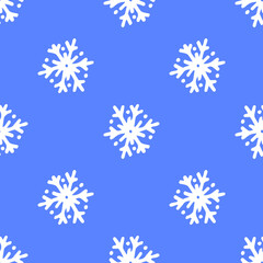 Fototapeta na wymiar seamless pattern of white SNOWFLAKES on a dark blue background. doodle-style snowflake pattern with randomly placed dots on a blue background for winter holiday design of new year and Christmas
