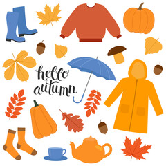 Autumn icons set. Raincoat, sweater, falling leaves, umbrella, pumpkins, teapot, cup of tea.