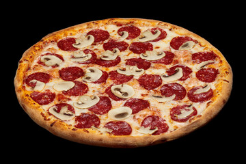 Top view pizza on table top, Flat lay of pizza on black background, Prepared pizza on table for serve
Freshly baked homemade pizza isolated on a black background. View from above