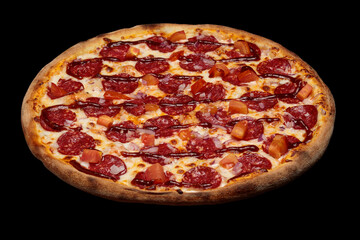 Top view pizza on table top, Flat lay of pizza on black background, Prepared pizza on table for serve
Freshly baked homemade pizza isolated on a black background. View from above