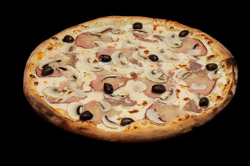 Top view pizza on table top, Flat lay of pizza on black background, Prepared pizza on table for serve
Freshly baked homemade pizza isolated on a black background. View from above