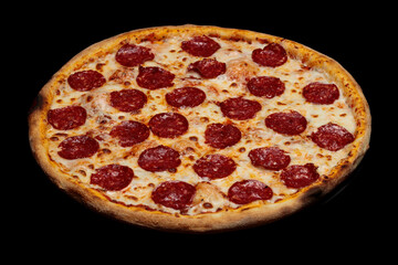 Top view pizza on table top, Flat lay of pizza on black background, Prepared pizza on table for serve
Freshly baked homemade pizza isolated on a black background. View from above
