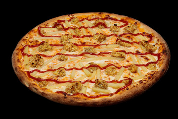 Top view pizza on table top, Flat lay of pizza on black background, Prepared pizza on table for serve
Freshly baked homemade pizza isolated on a black background. View from above