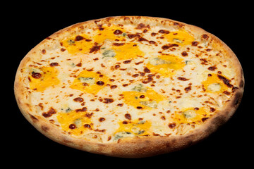 Top view pizza on table top, Flat lay of pizza on black background, Prepared pizza on table for serve
Freshly baked homemade pizza isolated on a black background. View from above