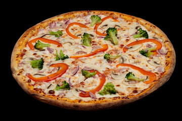 Top view pizza on table top, Flat lay of pizza on black background, Prepared pizza on table for serve
Freshly baked homemade pizza isolated on a black background. View from above