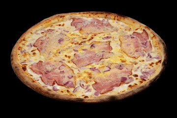 Top view pizza on table top, Flat lay of pizza on black background, Prepared pizza on table for serve
Freshly baked homemade pizza isolated on a black background. View from above
