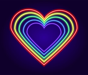 Neon heart sign made of multicolored lines. Vector isolated love symbol made of glowing outlines of red, blue, green, yellow and purple rainbow colors on a blue background for a love design template