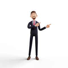 3d business man character render pointing on left side with two hand in white background