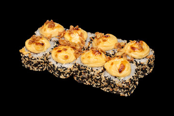 Japanese food: maki and nigiri sushi set on black background. side view composition.