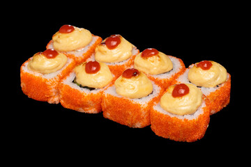 Japanese food: maki and nigiri sushi set on black background. side view composition.