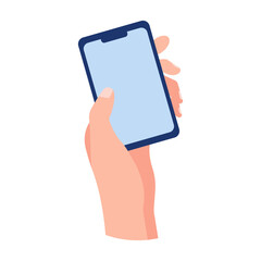 European human Hand with Smartphone or Cellphone. Vector isolated illustration flat style on white background. Phone with blank screen. For web, App design, infographics or mock up