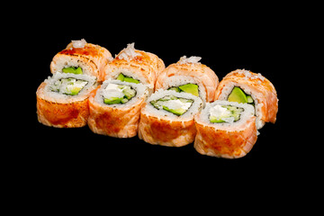 Japanese food: maki and nigiri sushi set on black background. side view composition.