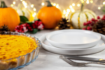 Traditional Dinner Thanksgiving. Fresh pumpkin pie.