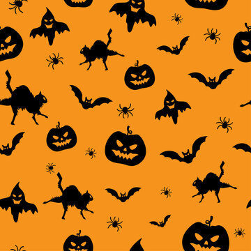 Halloween repeating pattern with pumpkins, ghosts, black cat, bats. A set of images on the theme of Halloween. Vector illustration for printing.