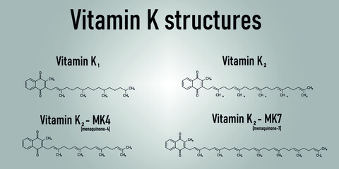 Chemical structure of vitamin K1 and K2 (Menachinon-4 or menaquinone-4, MK-4 and Menachinon-7 or menaquinone -7, MK-7)