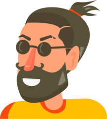 Vector hipster character with beard. Flat, cardboard portrait.Man wearing round sunglasses and an elastic band.City resident. White background.