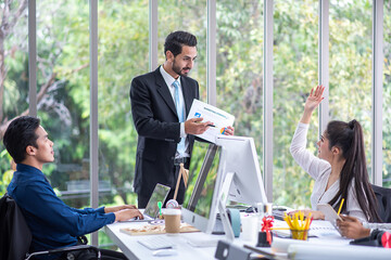 boss present marketing strategy for teamwork in office
