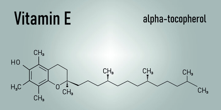Vitamin E (alpha tocopherol) molecule. Skeletal formula.