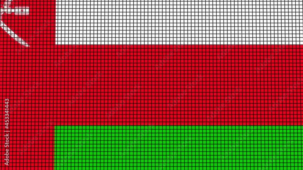 Poster oman flag animated in pixel grid style technology background