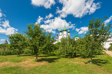 Fototapeta na wymiar Rostov Veliky, Yaroslavl region, Russia - August 4, 2021: Apple orchard in the Rostov Kremlin