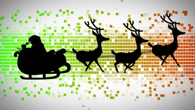 Santa claus in sleigh being pulled by reindeers against mosaic squares on grey background