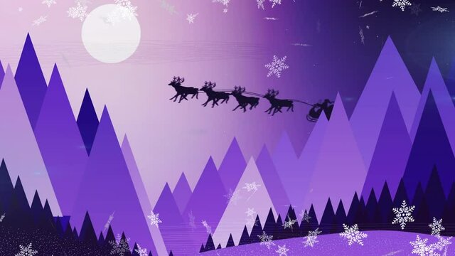 Snowflakes floating against santa claus in sleigh being pulled by reindeers in night sky