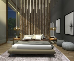 Interior design of a bedroom with a rustic style