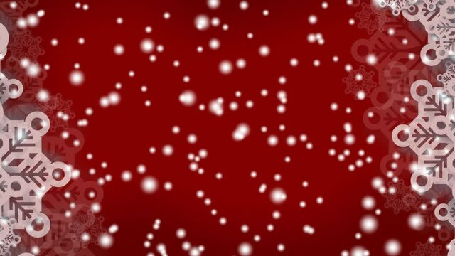 Snowflakes forming a frame against white spots falling against red background