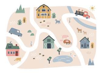 Obraz premium Cute village map with houses and animals. Hand drawn vector illustration of a farm. Town map creator