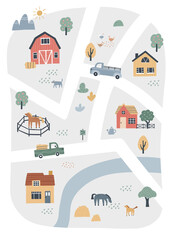 Cute village map with houses and animals. Hand drawn vector illustration of a farm. Town map creator