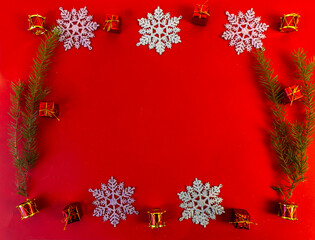 christmas and new year flat lay with copy space on red background